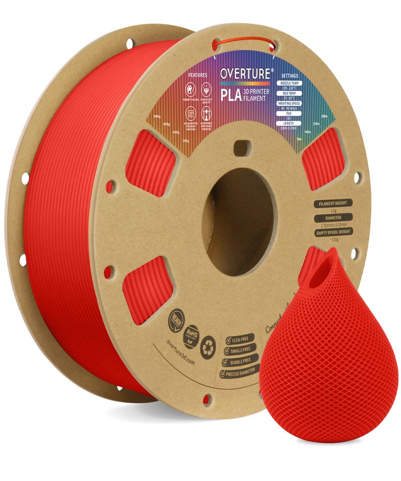 OVERTURE PLA Filament 1.75mm, Neatly Wound 3D Printer Filament 1kg Spool (2.2lbs), Dimensional Accuracy +/- 0.02 mm, Fit Most FDM 3D Printers (Red) - Image 1